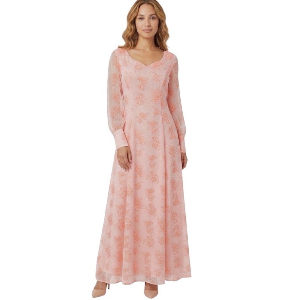 VINTAGE 70s Handmade Sheer Peach Chiffon Overlay Poet Sleeve Maxi Hostess Dress
